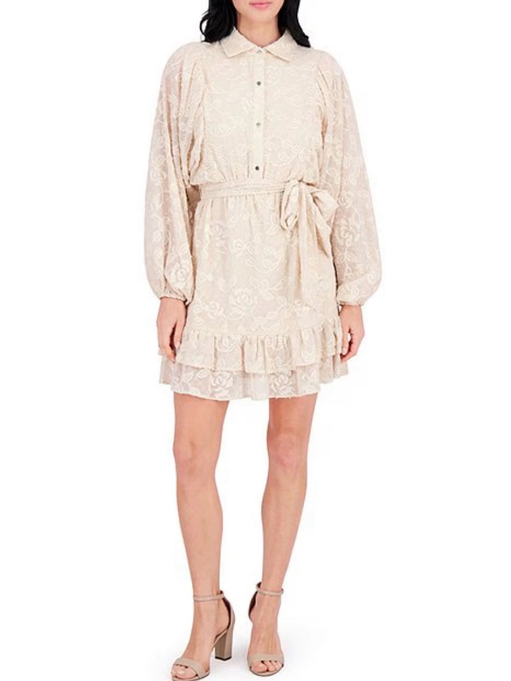 Kensie Point Collar Long Bishop Sleeves Ruffle Hem Embroidered Woven Shirt Dress